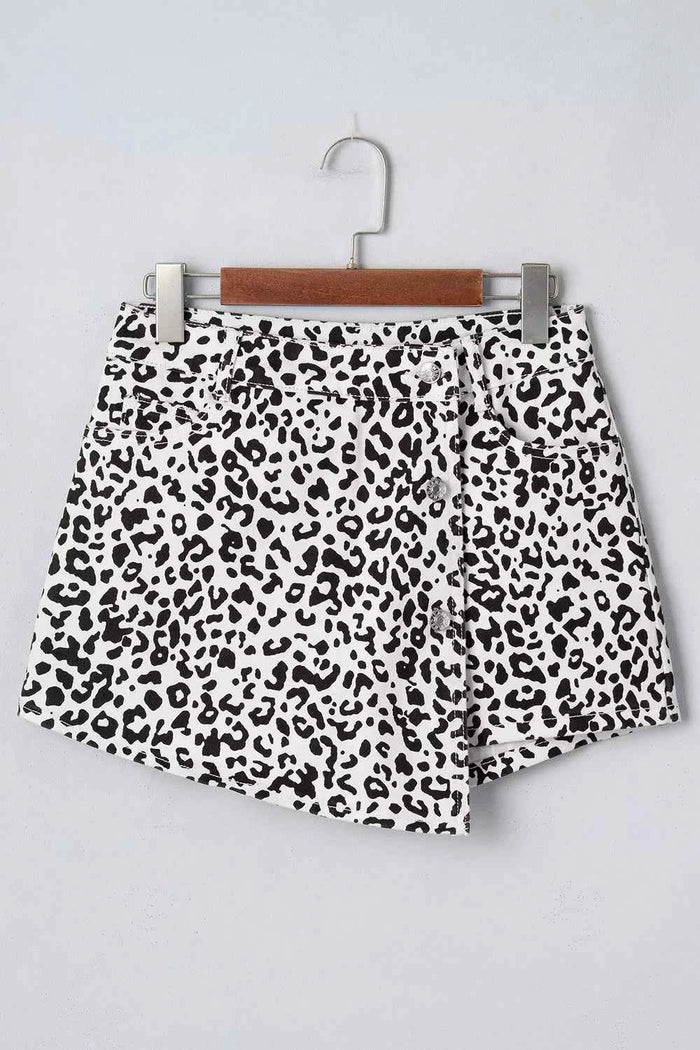 Leopard Print Button Overlap Denim Shorts