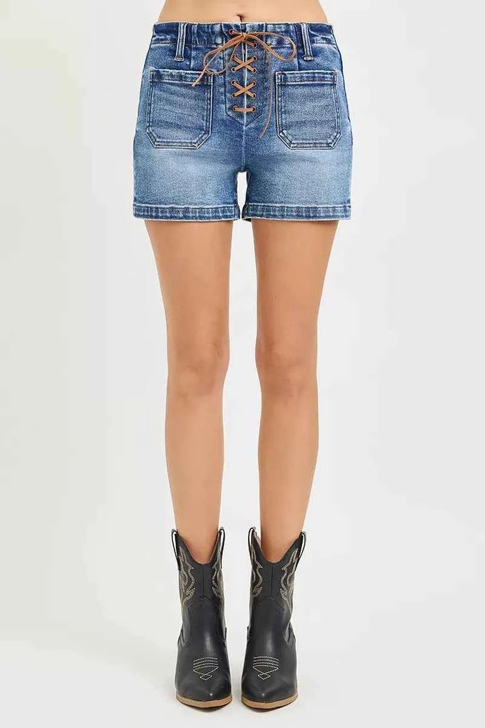 RISEN High Rise Front Tie Up Shorts with Patch Pockets